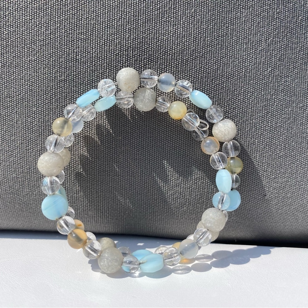 Blue tears/aquamarine Moonstone White Crystal Wrap Stretchable Bracelet - Picture 3 of 5